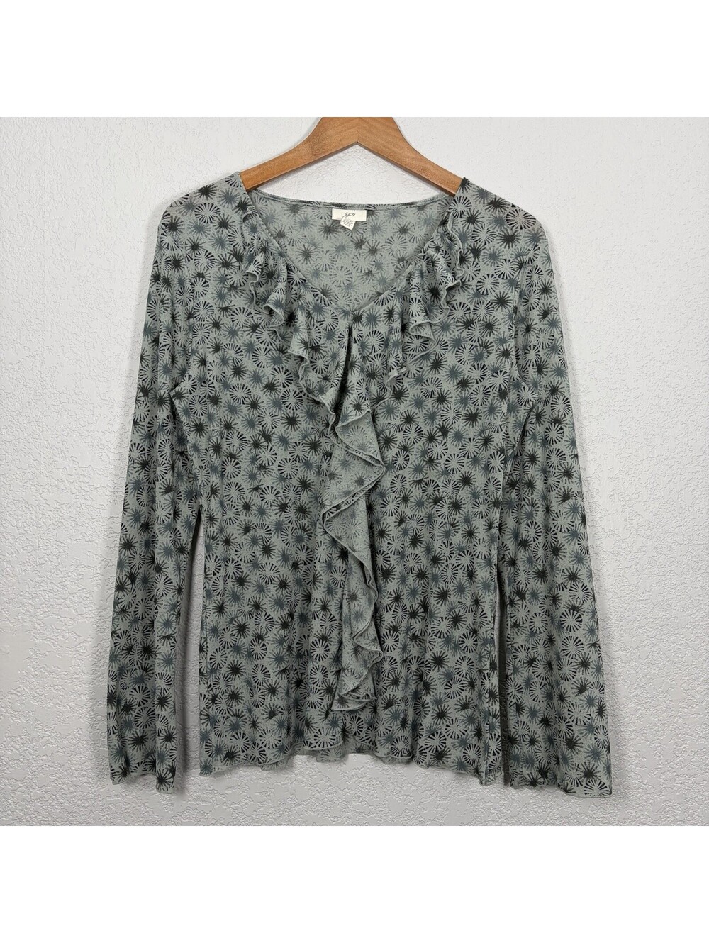 J.Jill Women’s M Ruffle Print Top Gray Long Sleeve Y2K Feminine Romantic Flowy